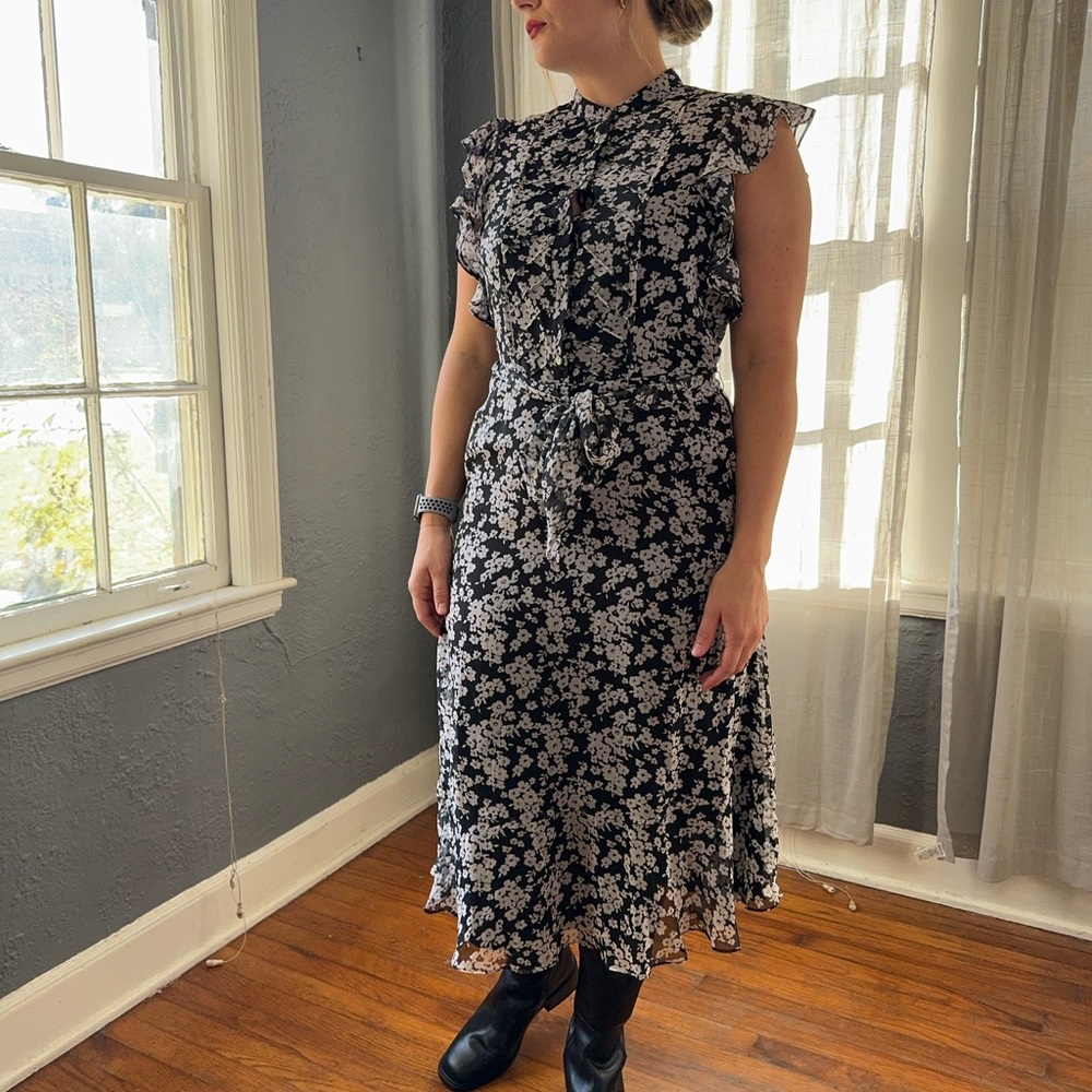 Ralph Lauren Black & White Floral Midi Dress - size M